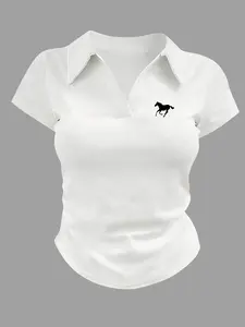Women's Polo Shirt, Short Sleeve, Slim Fit, Horse Print, Elastic Fabric, Collar Design, Collared, Casual Wear, Fashionable Women's Clothing