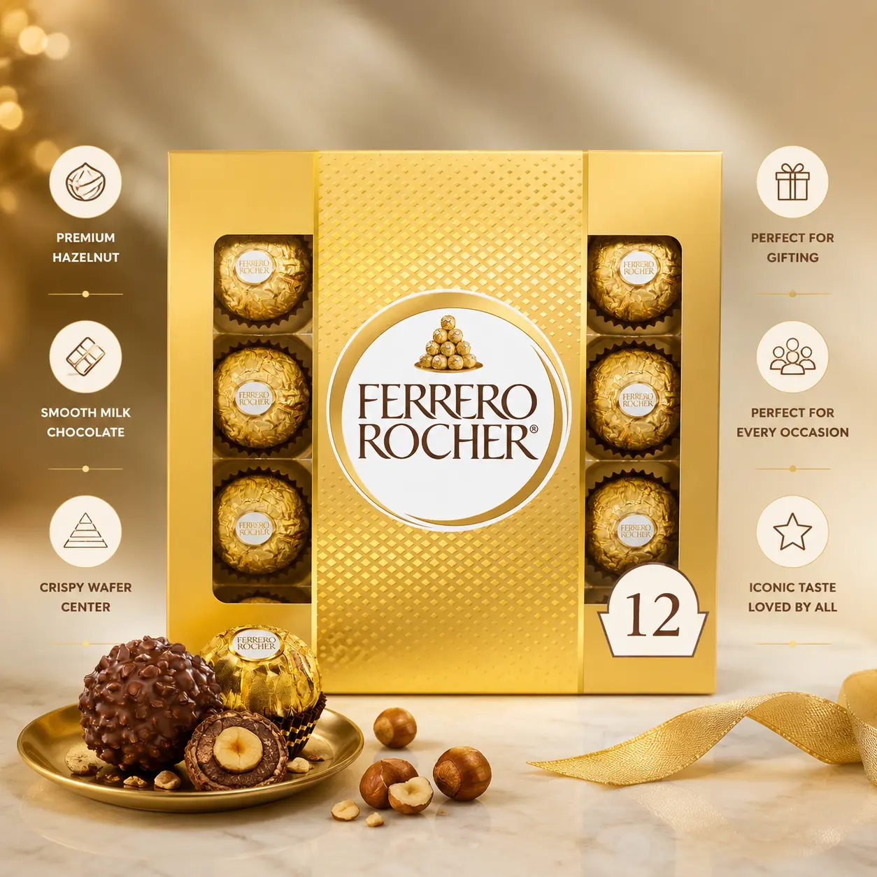 Ferrero Rocher Gourmet Hazelnut Milk Chocolate Gift Box, 12 Individually Wrapped Chocolates, 5.3 oz