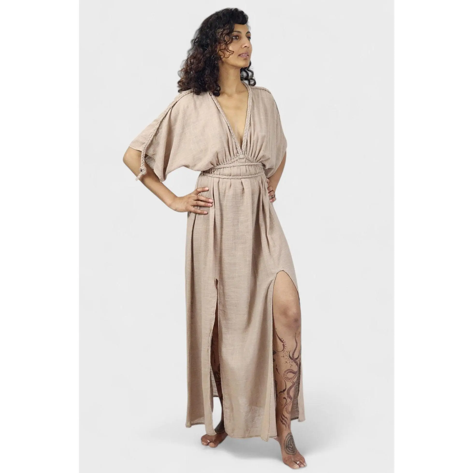 Raw Organic Cotton Rope Goddess Maxi Dress Dusty Rose V Neck Batwing Sleeve Summer Casual Evening Fashion Breathable Fabric Adjustable Straps