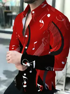 Men's Long Sleeve Casual Fitted Shirt Red Black Musical Notes Novelty Pattern