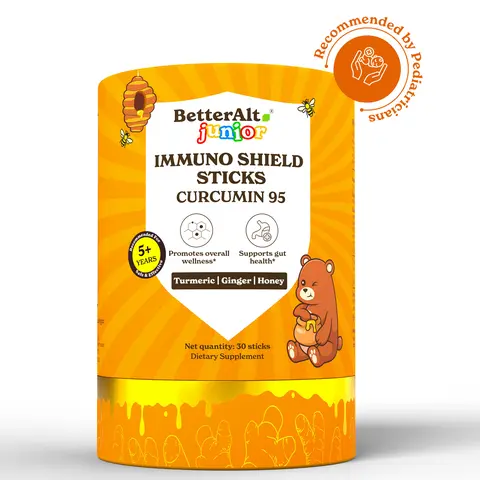 BetterAlt Kids Turmeric Honey Sticks | Pediatrician Approved | Curcmin 95 Immuno Shield with Ginger | Iron, Vitamin B & C for Immunity | 30N