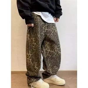 Men's Leopard Print Loose Fit Denim Trousers High-Quality Oversized Baggy Jeans for Casual Outings Classic Style