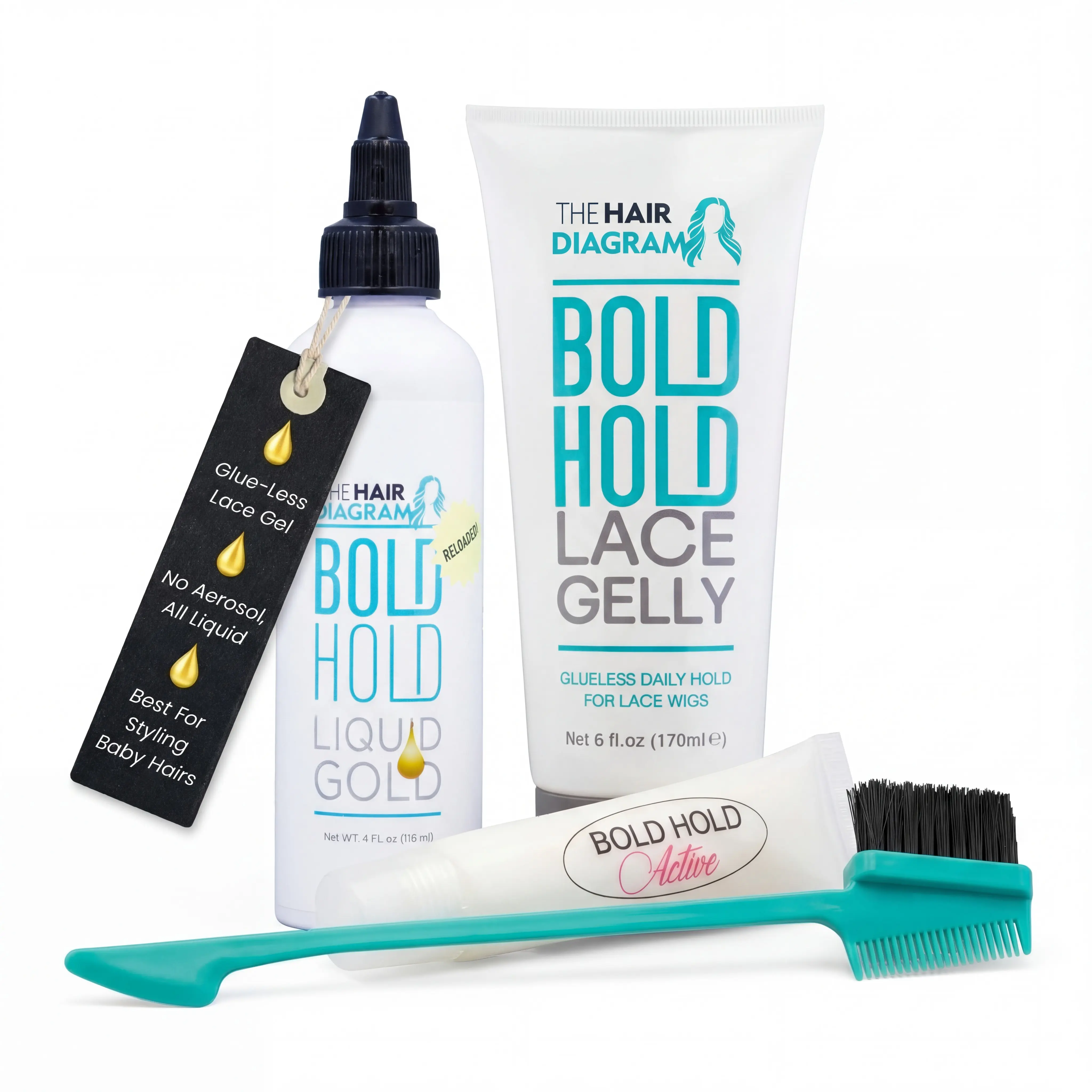 Bold Hold Lace Gelly, Liquid Gold, Active Glider & 3-in-1 Spatula Bundle 1A | Complete Wig Install Kit by the Hair Diagram