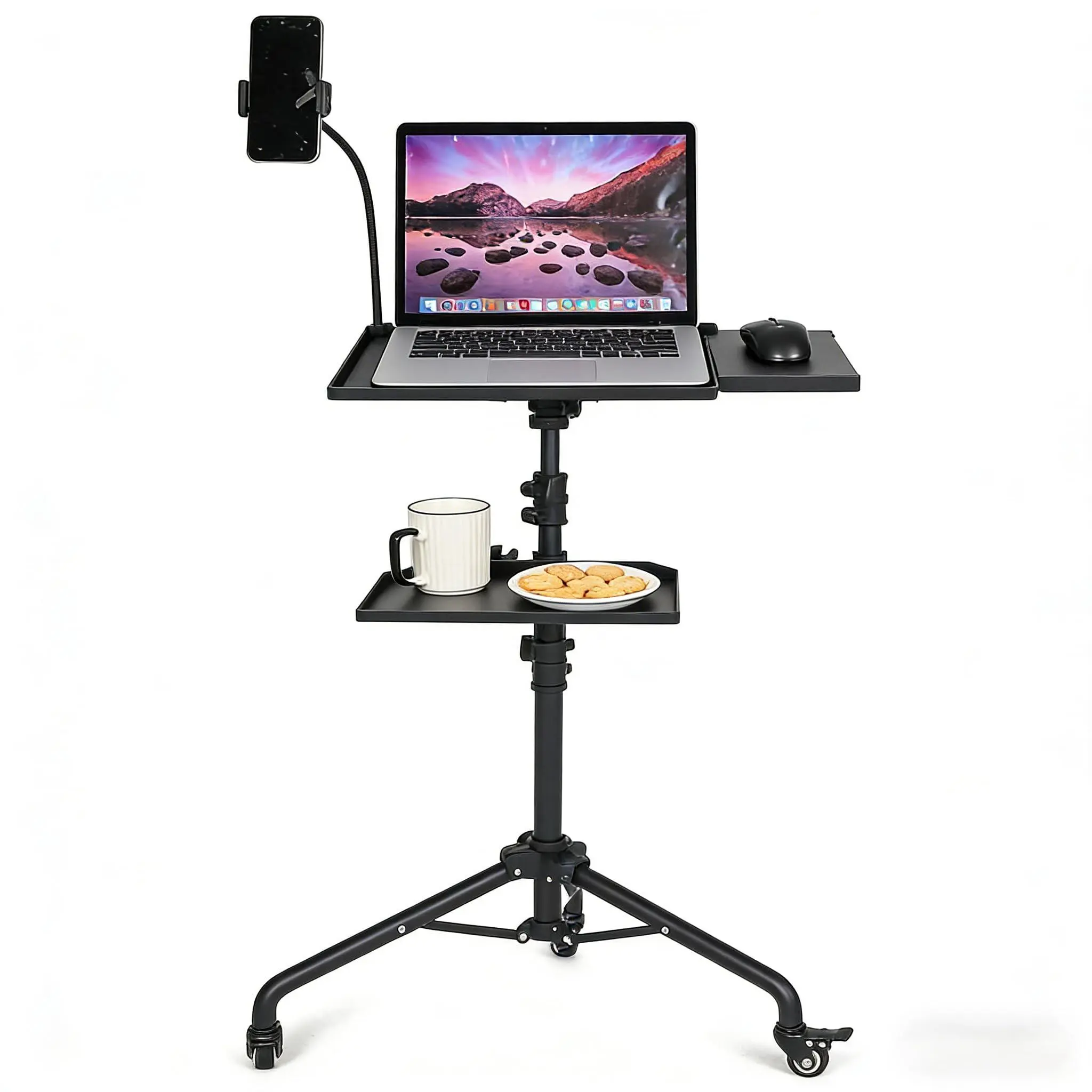 GARVEE Projector Tripod Stand, Laptop Stand on Wheels with 2 Shelves Mouse Tray Phone Holder, Portable Projector Floor Stand, Adjustable Height 23 to 49 Inch, Projector Tall Stand for Office, Home