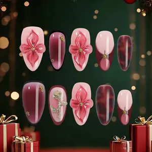 Festive Christmas Patch Nail Set 10pcs – Handmade reusable luxury Armored with 3D Floral Bloom, red french tip Accents, gold rose charm details, trendy press-On korea style fresh design for salon quality xmas holiday vibe Wish Ball Nail - NailGalaxy