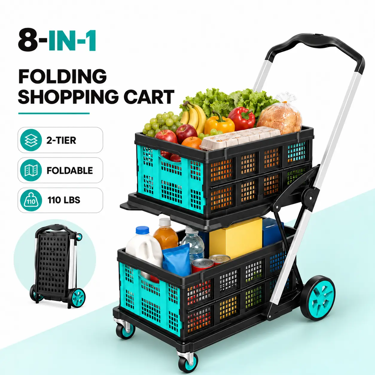 Premium Foldable Plastic Shopping Cart with Wheels, Elegant Lightweight Rolling Utility Basket for Groceries, Laundry, Travel, Camping and Home Storage, Space-Saving Portable Pull Cart