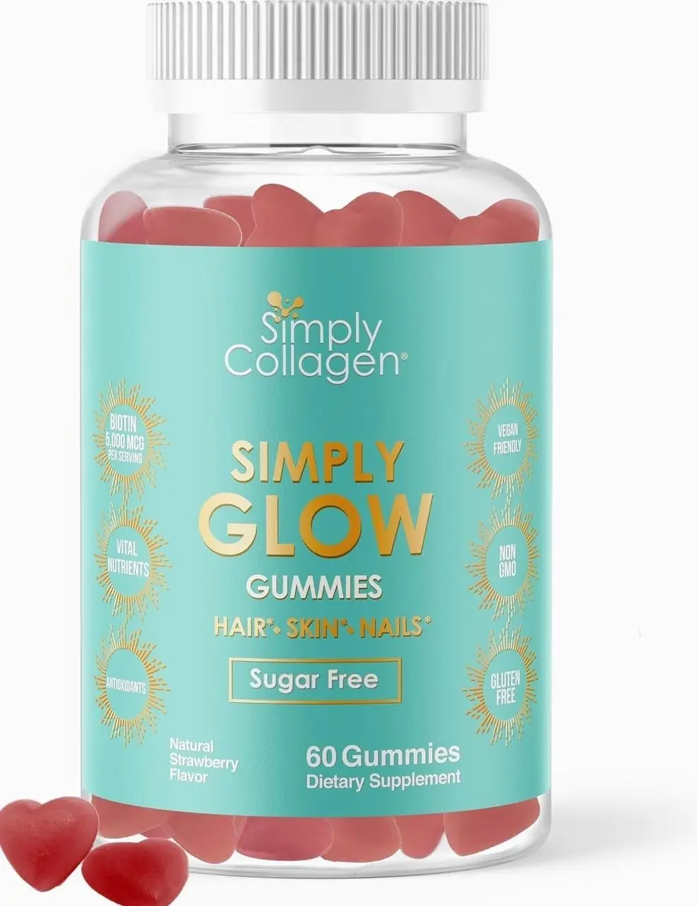 Simply Collagen® Simply Glow Hair, Skin & Nails Gummies – Vegan, Sugar-Free, Gluten-Free – Biotin 5000 mcg – Hair Gummies for Women & Men – 60 Count
