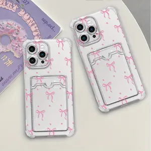 Transparent Four-Corner Drop-Resistant Pink Bow with Card Holder Popular Pattern Phone Case, TPU Material, Anti-Slip Drop-Resistant, Suitable for iPhone 17air 17/16/15/14/13/12/11 Pro Promax plus, Kbfstpu7
