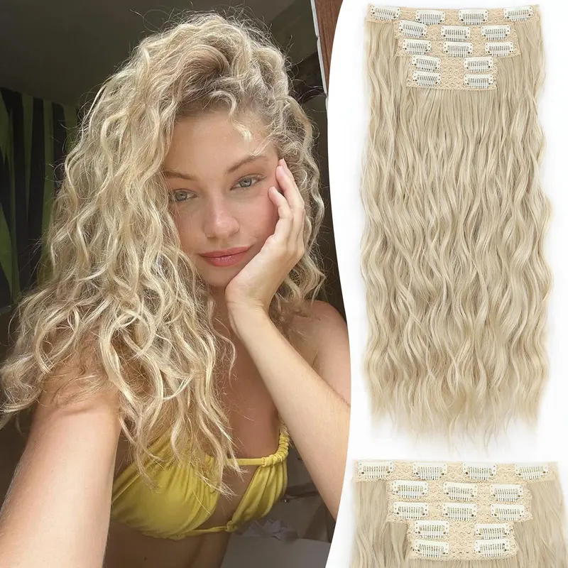 AISI HAIR Female Synthetic Hair Wigs, 5PCS 16-Inch Quick Weave Wiglets, Thick Long Mermaid Wave Glueless Extensions with Invisible Lace Weft, Easy Concealment, Heat Resistant, Comfortable All Day