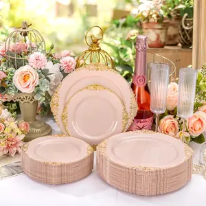 Elegant Gold Edge Dinner Plates Set of 10, Vintage Relief Craftsmanship, Perfect for Weddings Banquets Christmas Business Events, Elegant Plastic Plates