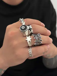 Men's Hip Hop Star Ring Set, Fashionable Cross Finger Rings, Statement Multi Ring, Statement Rings, Zinc Alloy Chain, Casual Style, All Seasons Wear, 6 Piece Set
