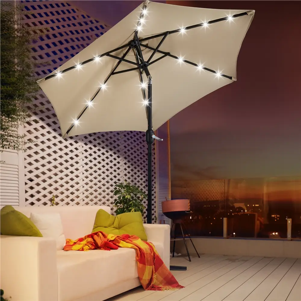 【Solar LED Lights Umbrella and Adjustable Angle】Yaheetech 7.5/9/10FT Patio Umbrella Solar Market Umbrella with 6/8 Ribs Tilt and Crank Garden Table Um