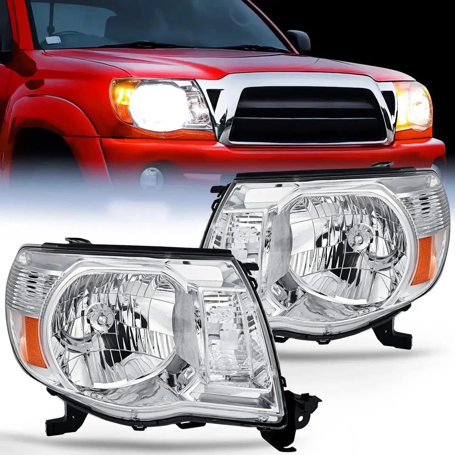 Nilight Headlight Assembly for 2005-2011 Toyota Tacoma (Driver's & Passenger's Side), Chrome Case, Amber Reflector, Anti-Fogging, UV Resistant, H4 Bulbs, IP65 Rated, 100% OE Standard, DOT Compliant, Beam Adjustment, 15-Min Plug-N-Play Installation, Waterp