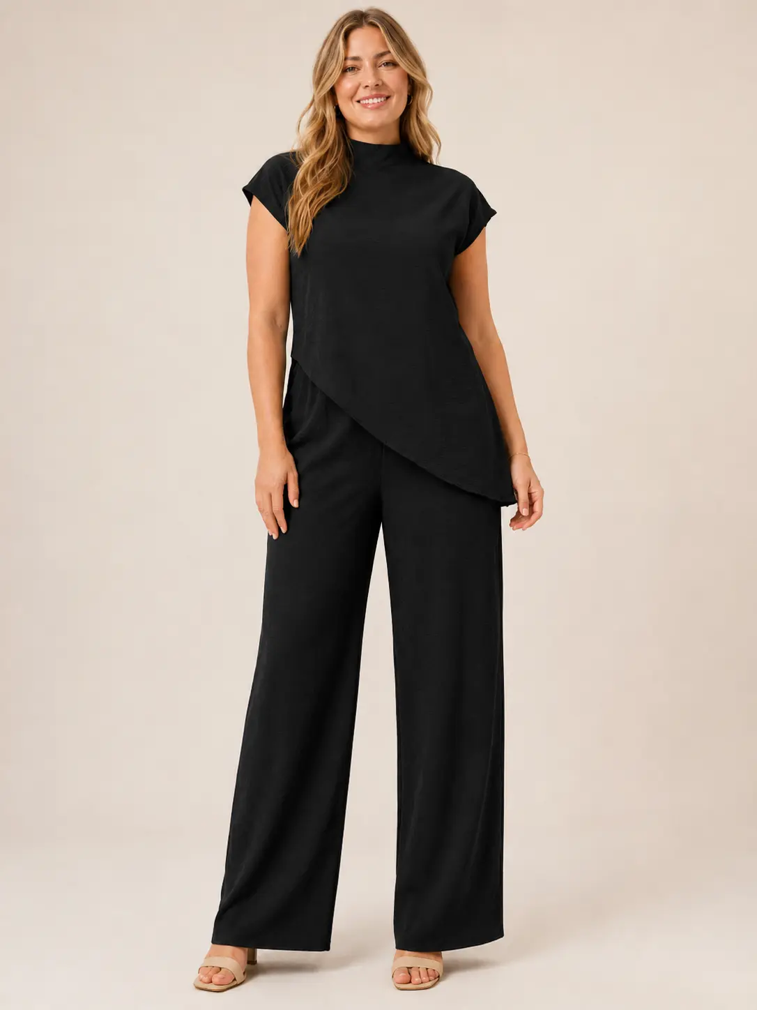 Women's Mock-Neck Two-Piece Set - Asymmetrical Top and High-Waist Wide-Leg Pants