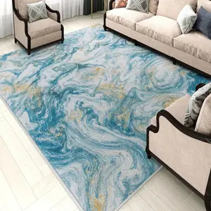 Luxury Blue Gold Marble Pattern Carpet, Soft Comfortable Rug for Bedroom Kitchen, Easy Clean Non-Fall Decorative Mat