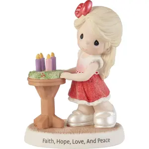 Precious Moments  5.25 in. Girl with Advent Wreath & Faith Hope Love & Peace Figurine