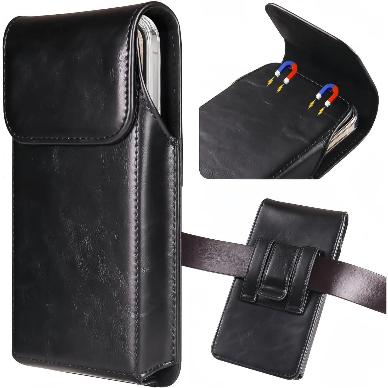Premium Leather Belt Bag Waist Pack Holster for iPhone 11 Pro,12,13,14,15,16,16e & Galaxy S22,S23,S24,S25 - Men’s Belt Clip Cell Phone Pouch, Black, Leather Belt Bags