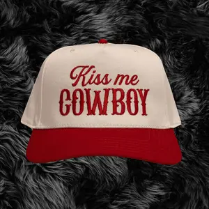Kiss me Cowboy Beige Red Trucker Hat, Country Concert Hat, Embroidered Hat, Trendy Trucker Hat