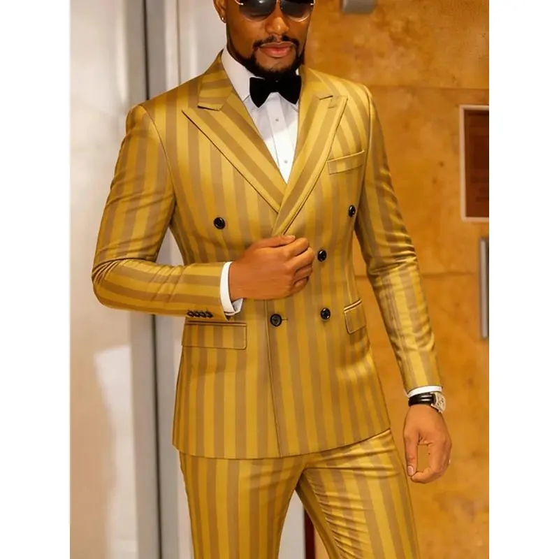 Men's Jacquard 2 Piece Suits Slim Fit Double Breasted Suit Jacket Pants Set Casual Wedding Casual Business