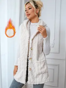 Women's Winter Casual Slim-Fit Knitted Vest, Fashion Thick Fabric Hooded Design, Button Detail Sleeveless Long Style for Autumn & Winter Seasons