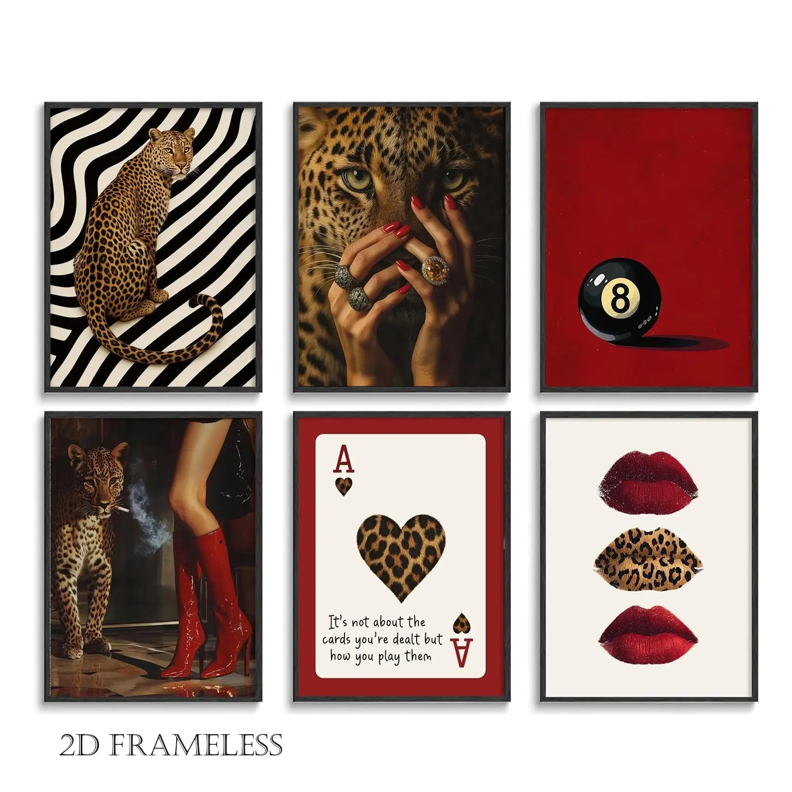 6-piece set, red leopard-print room decor, trendy Y2K leopard-print wall art, burgundy wallpaper style, perfect for girls' bedrooms and dorm rooms, frameless design, Zebra Stripe Print, Unframed Wall Art, Zebra Striped Print, Leopard Printed