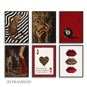 6-piece set, red leopard-print room decor, trendy Y2K leopard-print wall art, burgundy wallpaper style, perfect for girls' bedrooms and dorm rooms, frameless design