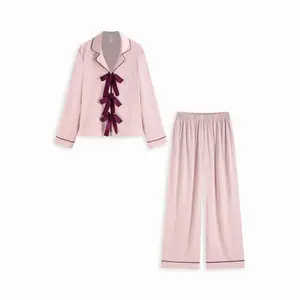 Cider Blush Pink Contrast Bow Lapel Pajama Set - Long Sleeve Top & Wide Leg Pants Loungewear