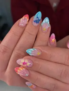 Handmade Colorful Tropical Beach Press On Nails, Starfish Seashell Summer Nails, Ocean Mermaid Nail Art