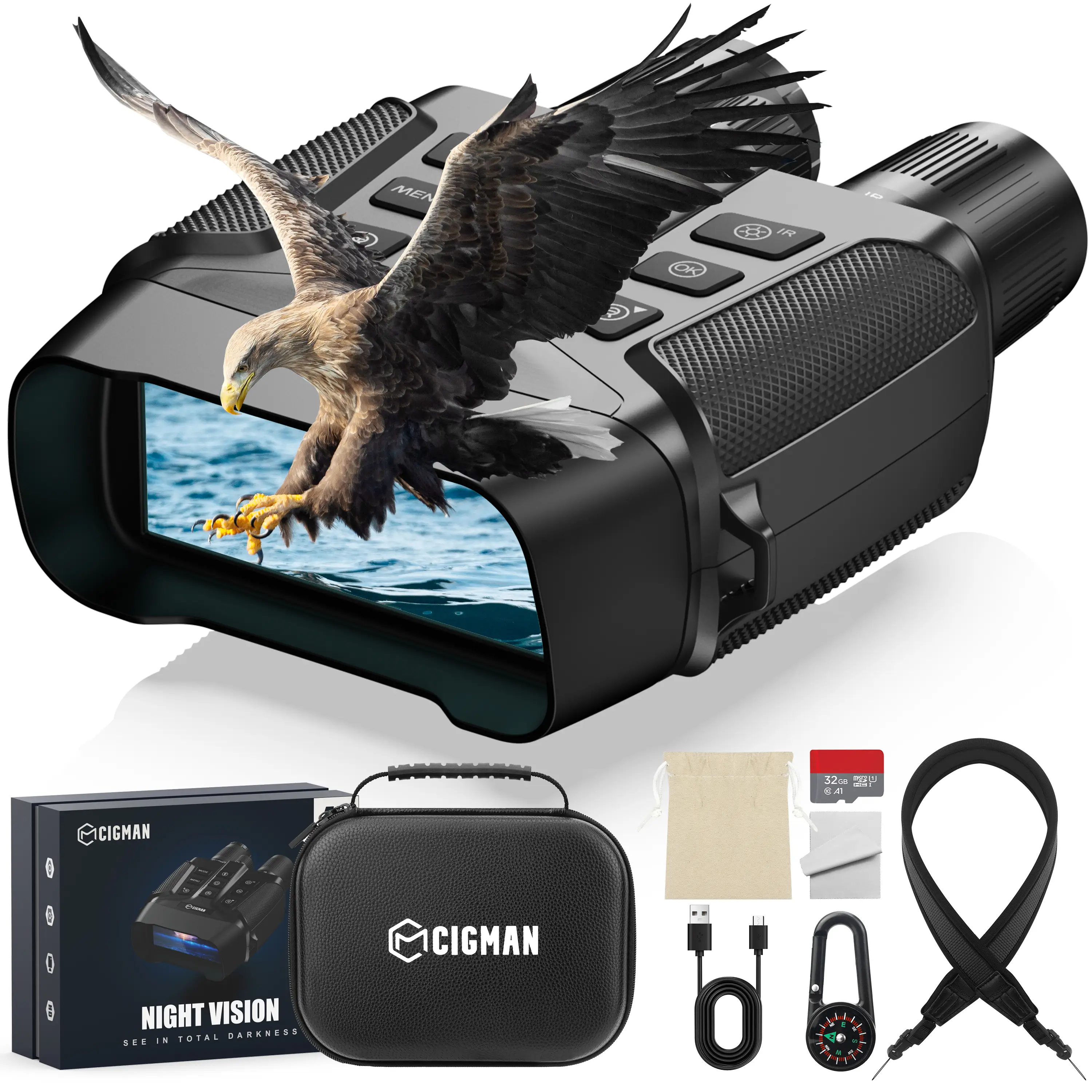 CIGMAN Night Vision Goggles With Compass, Binoculars With 3.99" Large HD Screen, 5000mAh Rechargeable Battery, f/1.0 Large Aperture, 32GB TF Card can