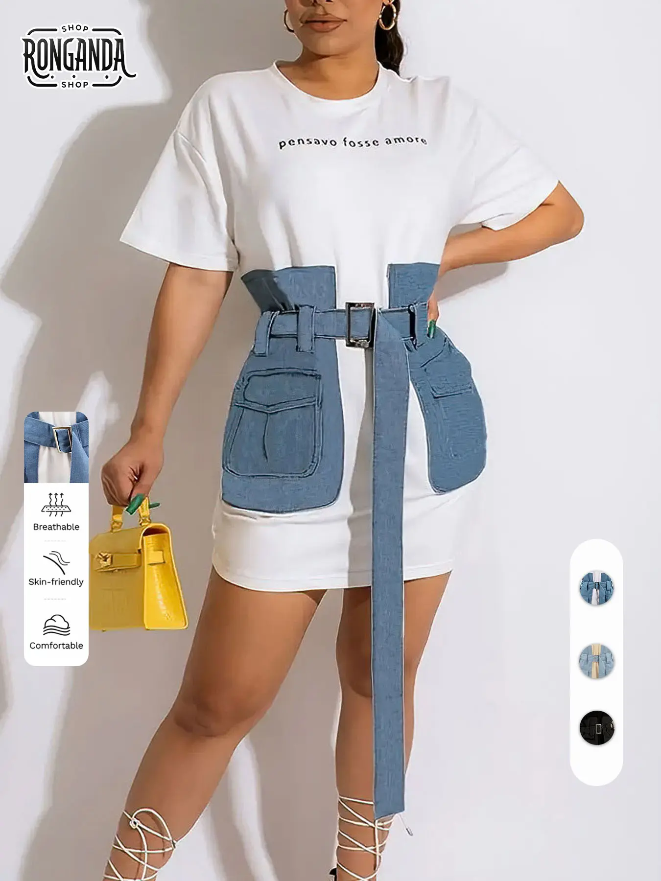 JOYPAY Lady's Women's Casual Denim Dress - Round Neck, Short-Sleeve, White Letter-Print, Casual Wear