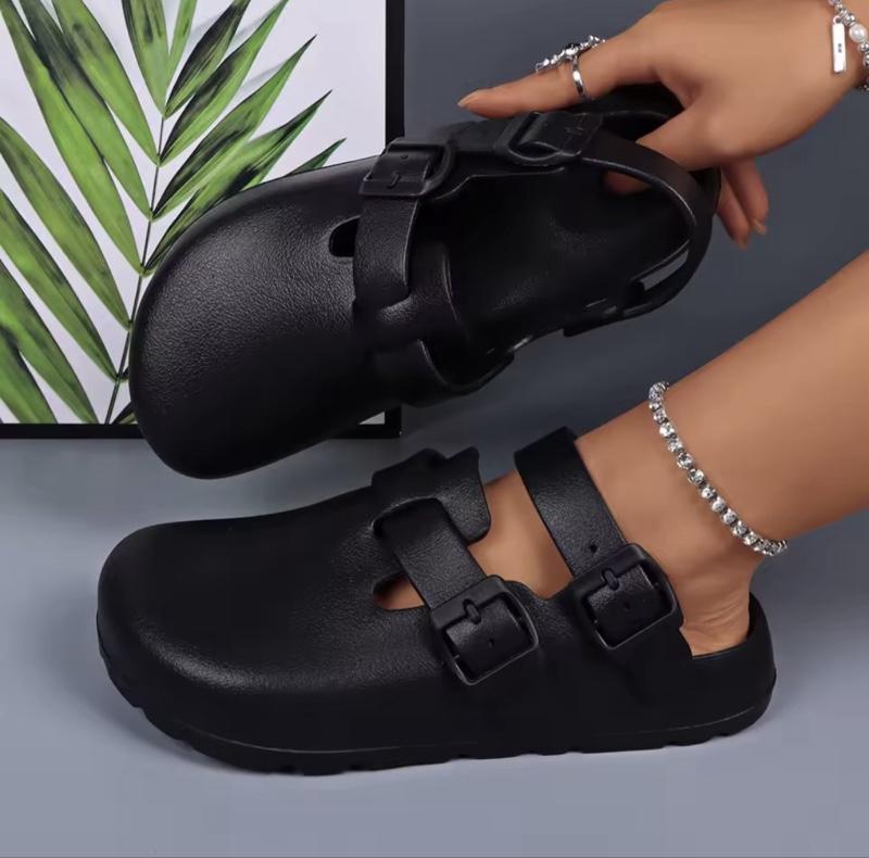 Unisex Solid Color Clogs with Adjustable Flat Buckle Round Toe Flat Design Retro Fashion Footwear Classic Comfortable Stylish Cork Footbed
