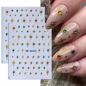 2 Pcs Star Embossed Nail Art Stickers, 3D Starburst Colorful Rhinestone Decorations Elegant Design Self-Adhesive Nail Decals for DIY Manicure Decoration
