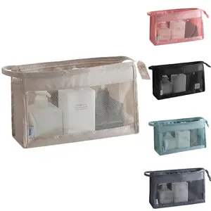 Portable Large Capacity Toiletry Bag Breathable Mesh Toiletry Wash Bag Mesh Makeup Bag Travel Zipper Cosmetic Bags, Convenient Beach Mesh Storage Pouch Purse Storage Organizer for Women Girls