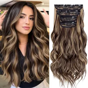 Clip in Hair Extensions 4PCS Thick Long Hairpieces Double Weft Invisible Lace Weft Natural Soft Synthetic Hair Pieces for Women 22 Inch Wavy Curly Balayage Black Brown Blonde
