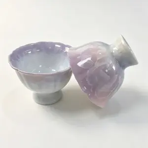 Artisan Pastel Flower Crystalline Glaze Footed Tea Cups Handcrafted Porcelain Teacup Set Elegant Flower-Shaped Bowls for Tea & Dessert