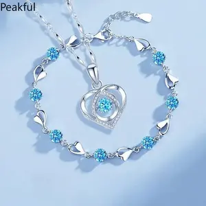 925 Sterling Silver Heart Shaped Necklace Bracelet Set for Women Vintage Korean Crystal Bracelets High Quality Set Party Jewelry