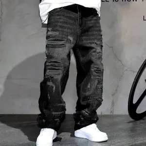 New Men's Ripped Distressed Loose Fit Comfortable Straight Fit Jeans Streetwear Menswear Plain Solid Color Denim Pants Trousers  Casual Stylish Casual Stylish