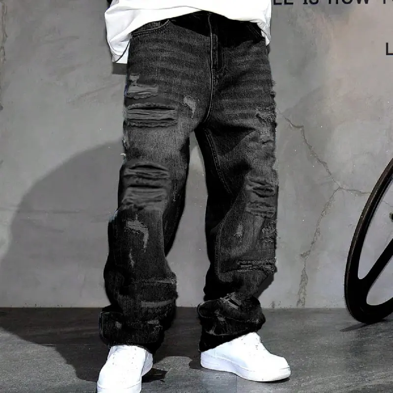 New Men's Ripped Distressed Loose Fit Comfortable Straight Fit Jeans Streetwear Menswear Plain Solid Color Denim Pants Trousers Casual Stylish Casual Stylish DFYD
