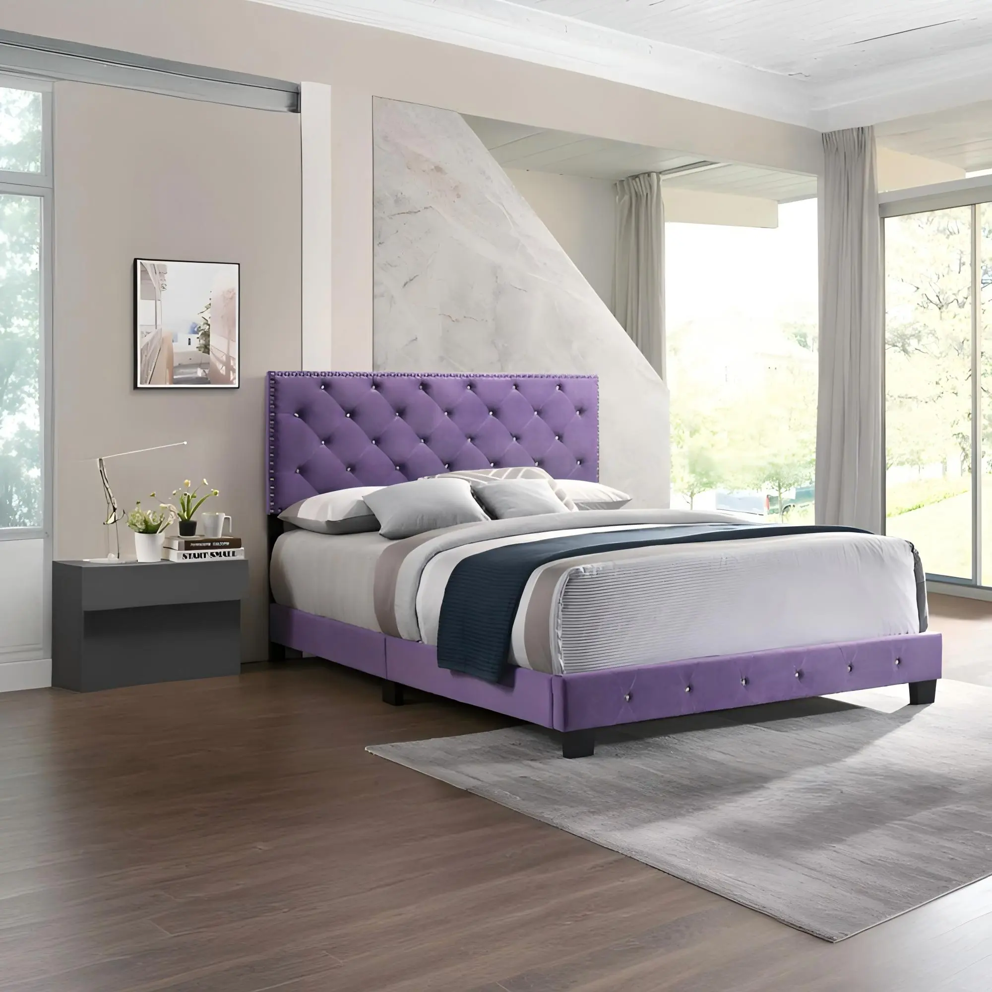 Queen Bed with Enchanting Purple Finish, Transitional Style