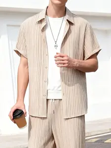 Men's Beige Pleated 2-Piece Loungewear Set - Short Sleeve Button-Down Shirt + Drawstring Waist Pants, Lightweight Breathable Fabric, Relaxed Fit for At-Home Lounging, Lazy Weekends & Casual Evenings Pajama