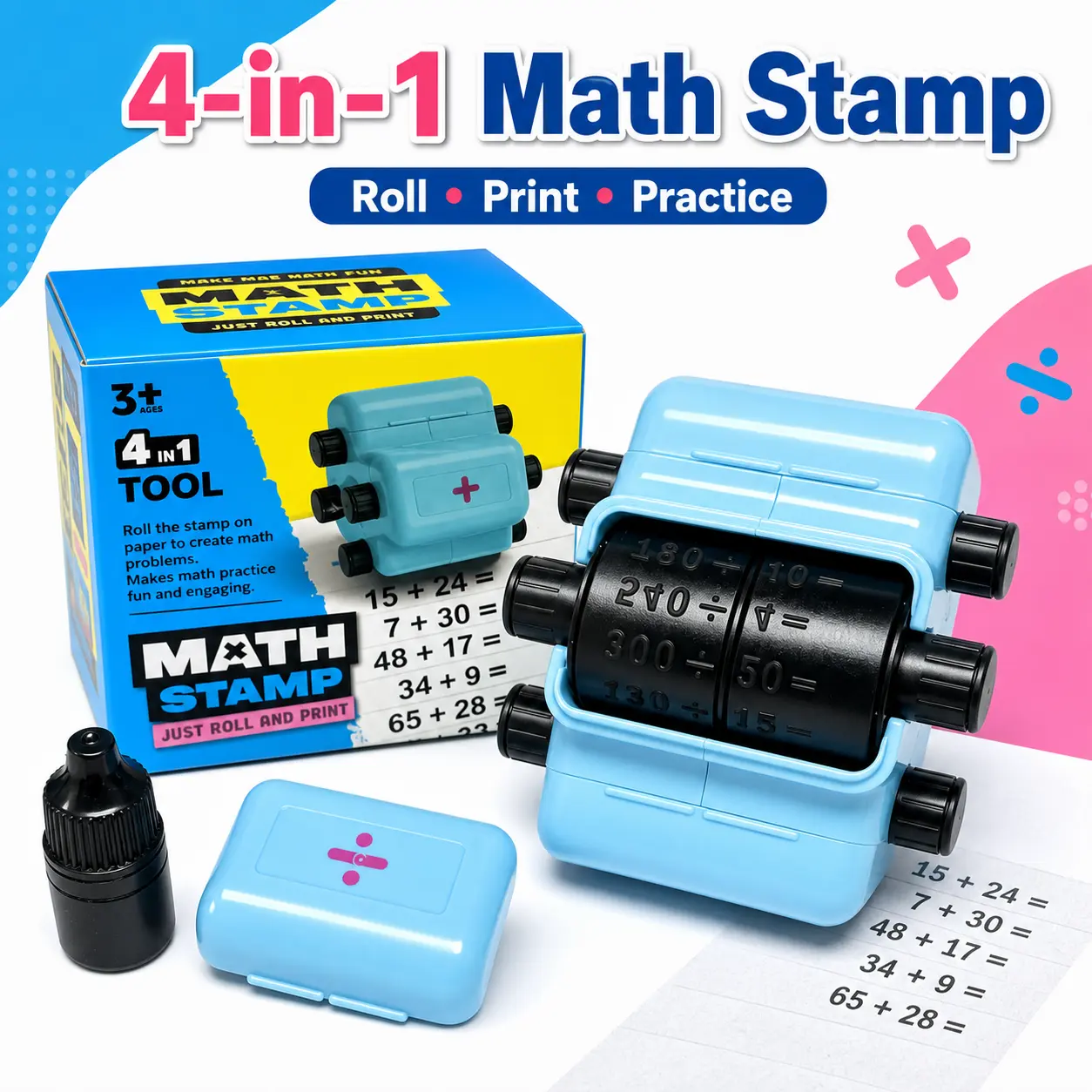 Math Roller Stamp for Kids, Smart Addition Subtraction Multiplication Division Practice Math Questions Roller, Educational Math Practice Learning Toys for Toddlers School