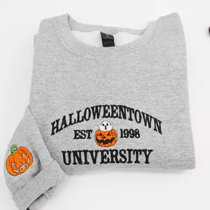 Halloweentown University Embroidered Sweatshirt – Spooky Cute Halloween Crewneck – Spooky Cute Ghost Sweatshirt, Funny Cozy Sweater for Autumn Lovers