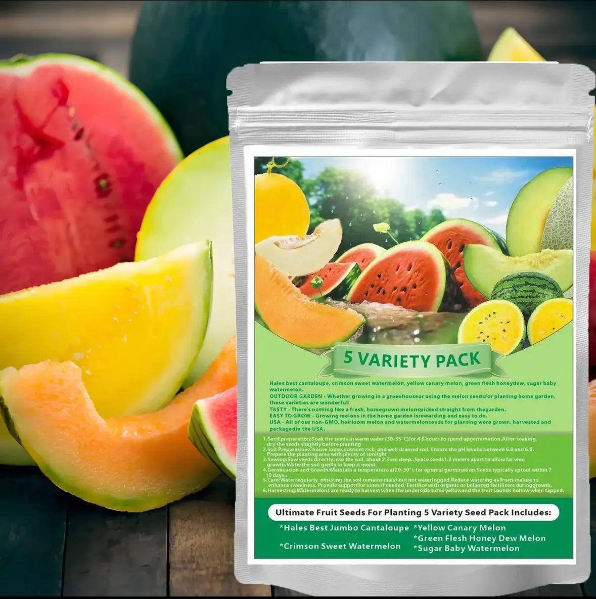 Organic Melon & Watermelon Seed Kit  5 Non GMO, Certified Organic Varieties: Perfect for Growing Hales Best Jumbo, Yellow Canary, Green Flesh Honey Dew, Crimson Sweet & Sugar Baby Watermelon