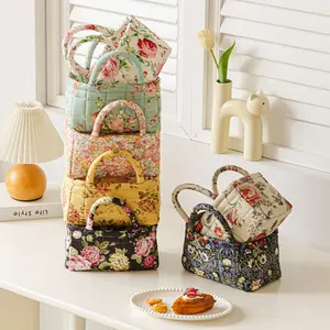 Mini Quilted Floral Storage Basket, Cottagecore Desk Organizer Bin, Soft Fabric Makeup Caddy