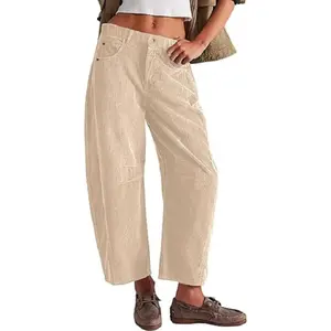 Womens Mid Rise Cord Barrel Jeans Casual Baggy Wide Leg Corduroy Cropped Ankle Pants with Pockets