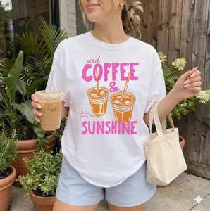 Iced Coffee and Sunshine Graphic Tee | Aesthetic Summer Oversized T-Shirt | Trendy Clean Girl Aesthetic Top | Cute Coffee Lover Gift for Her | Beach Vibes Casual Streetwear Shirt