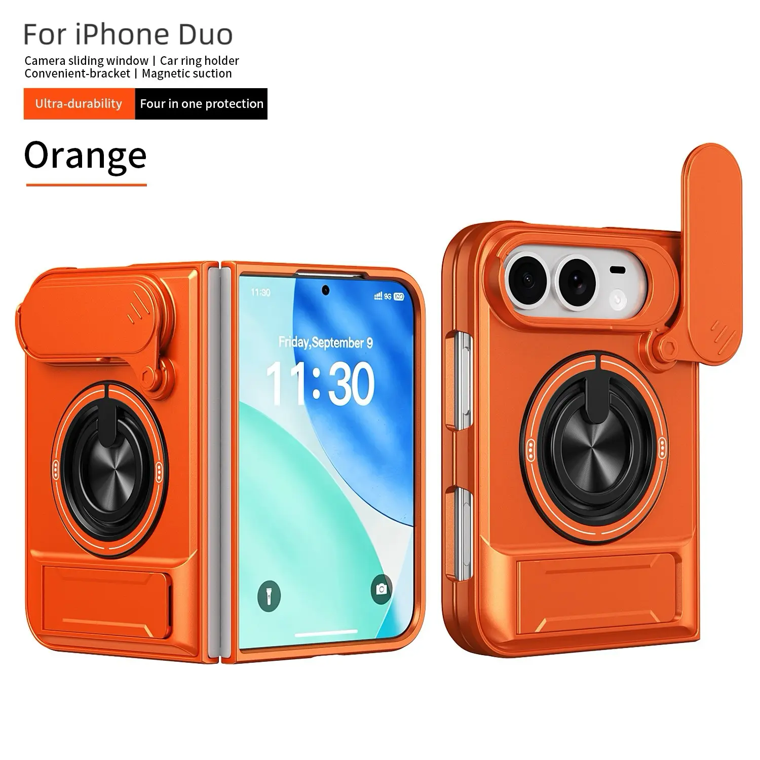 iPhone Duo folding phone case，Magnetic Shockproof Case for iPhone18Duo, Military-Grade Drop Protection, Foldable Phone Cover, Built-in Camera Lens Cover and Kickstand, TPU+PC Material