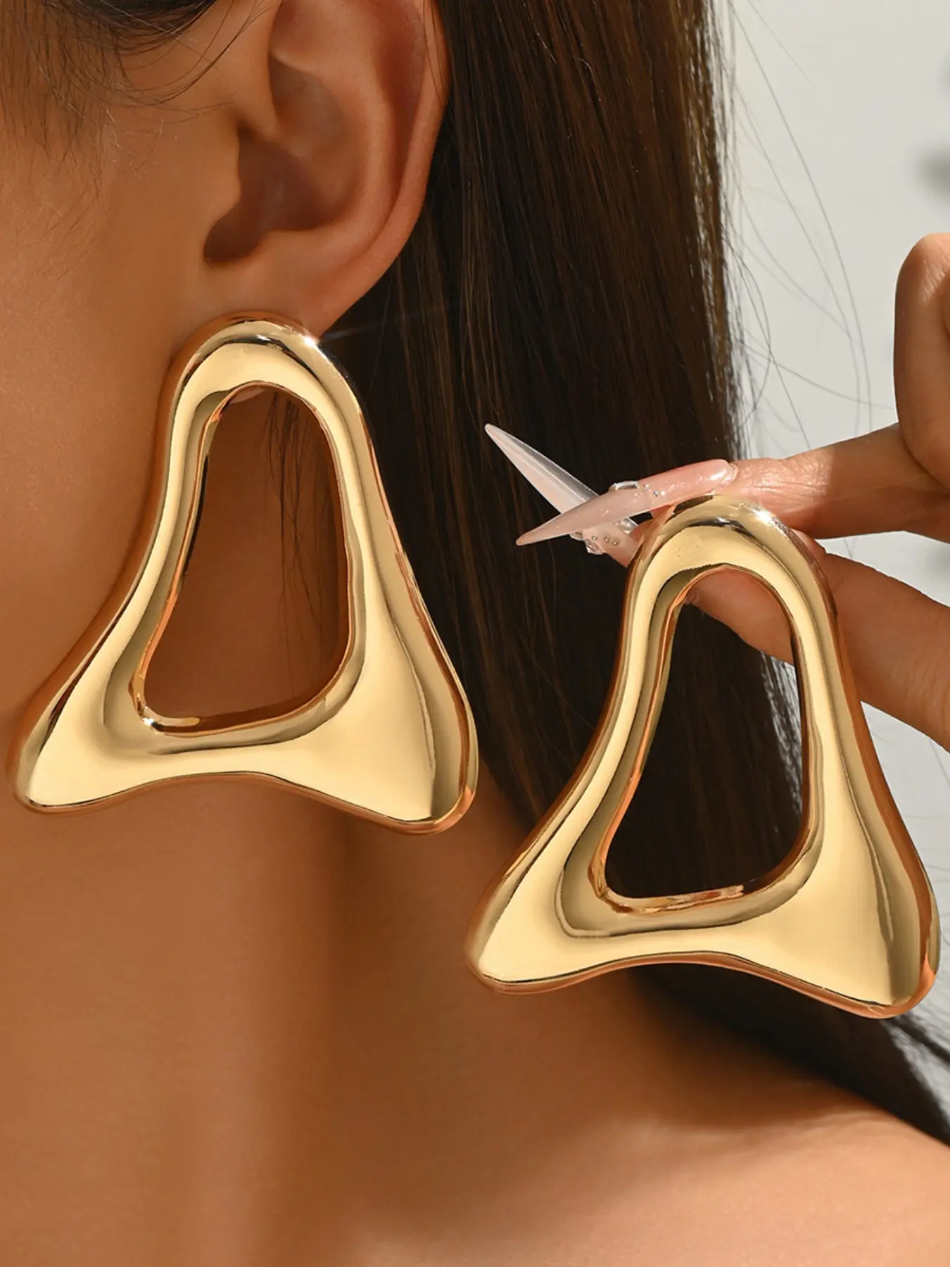 Liquid Metal Triangle Earrings, Minimalist Large Studs, Fashionable Jewelry for Women, Trendy Accessory for Everyday Wear, Elegant Minimalist Earrings