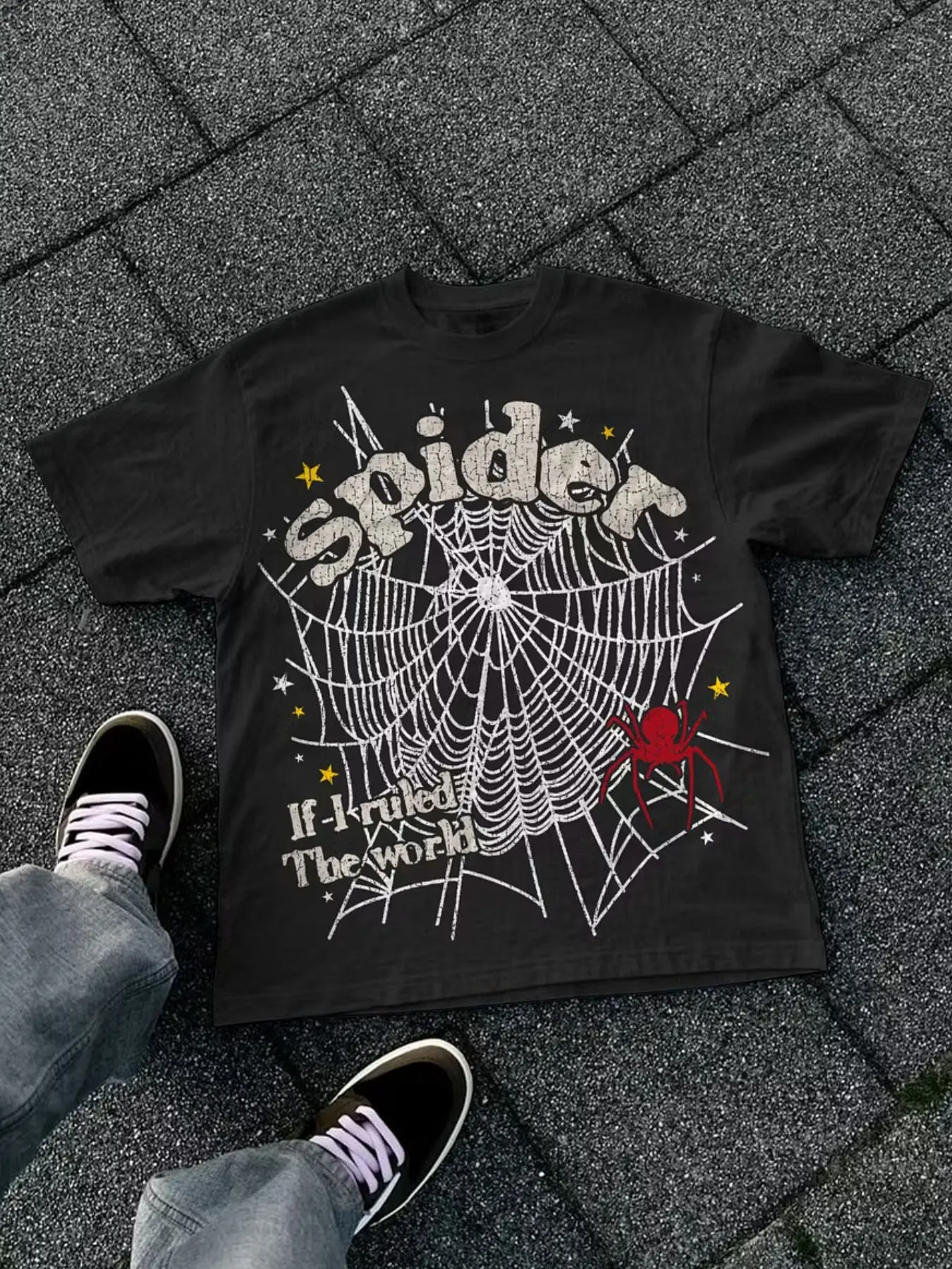 1 PCS Spider Web Red Pink Spider If I Ruled The World Distressed Crackle Graphic Print, Grunge Y2K Gothic Streetwear Tee, Soft Breathable Unisex Top For Skate Goth Fans Daily Casual Outfit