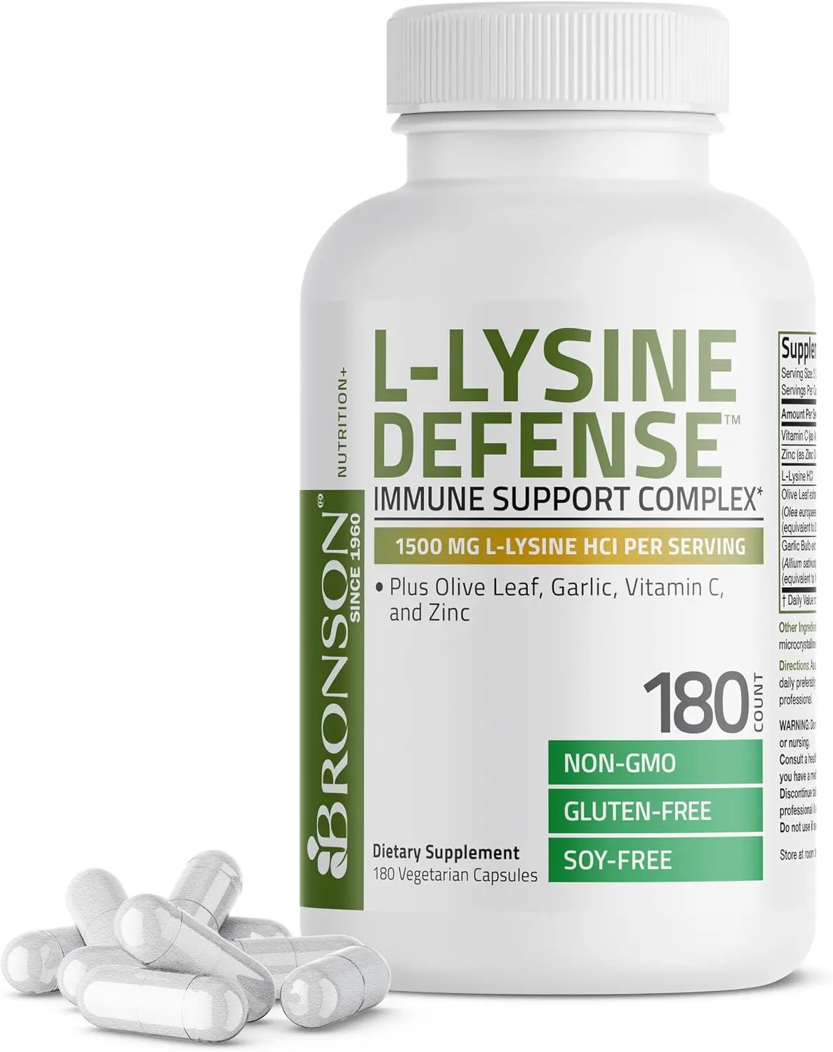 Bronson L-Lysine Defense Immune Support Complex, 1500 mg, 180 Capsules | Essential Amino Acid with Olive Leaf, Garlic, Vitamin C & Zinc, Vegetarian, Non-GMO, Gluten-Free & Soy-Free